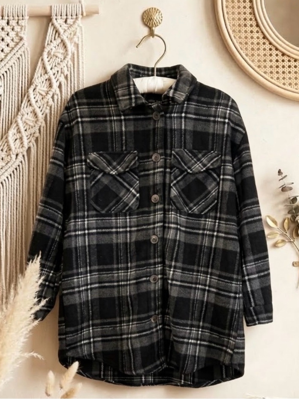 Love Tree Black & White Plaid Button-Up Utility Jacket
